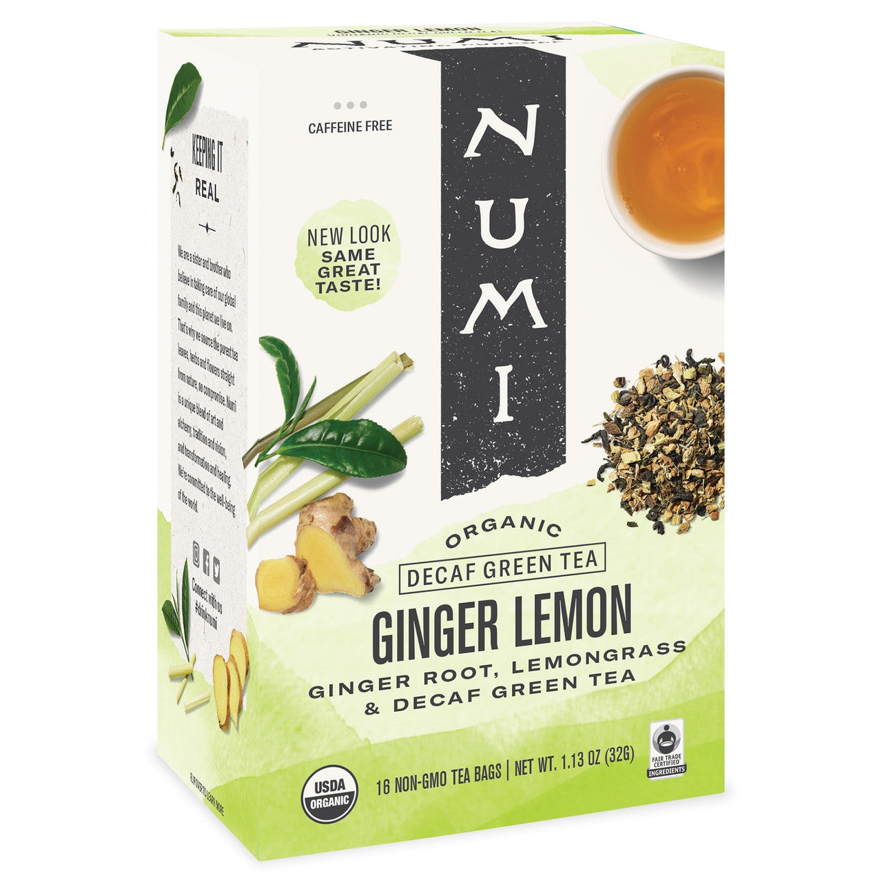 Numi Organic Green Tea Decaffeinated, Ginger Lemon - 16 Tea Bags